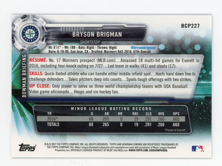 2017 Bryson Brigman Auto Blue Bowman Chrome Seattle Mariners # BCP227