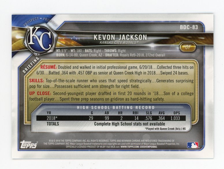 2018 Kevon Jackson Prospect Auto Bowman Chrome Kansas City Royals # BDC-83