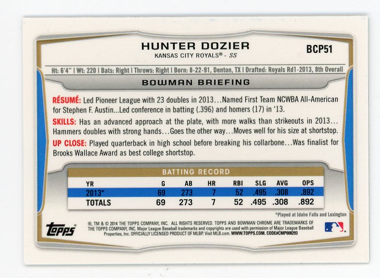 2014 Hunter Dozier Auto Bowman Chrome Kansas City Royals # BCP51