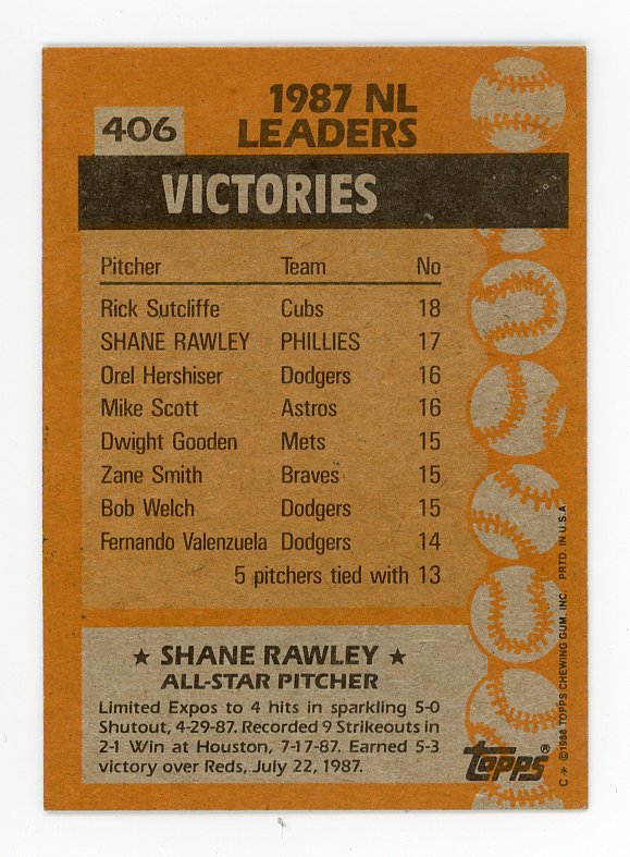 1988 Shane Rawley All Star Auto Topps Philadelphia Phillies # 406