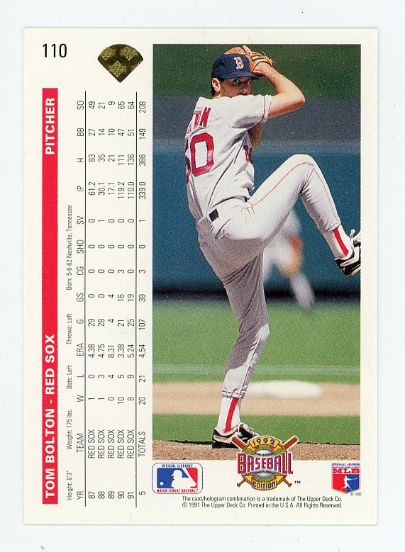 1991 Tom Bolton Auto Upper Deck Boston Red Sox # 110