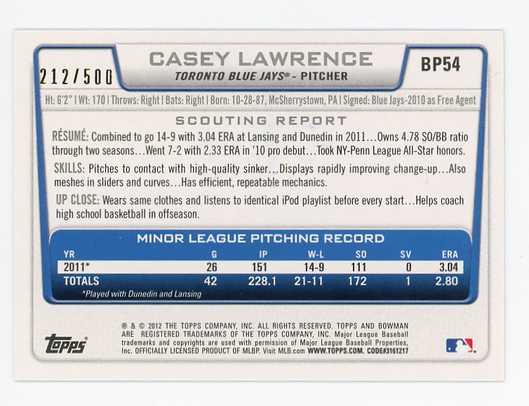2012 Casey Lawrence Auto #D /500 Bowman 1ST Toronto Blue Jays # BP54