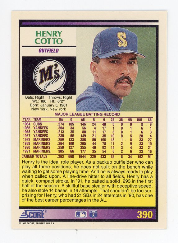 1992 Henry Cotto Auto Score Seattle Mariners # 390