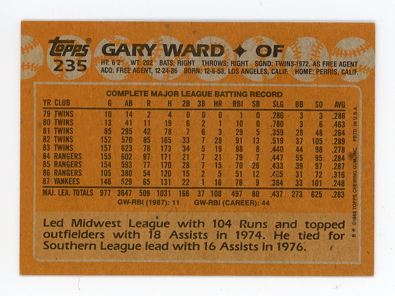 1988 Gary Ward Auto Topps New York Yankees # 235