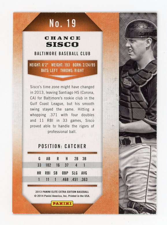 2013 Chance Sisco Extra Edition Auto Panini Baltimore Orioles # 19
