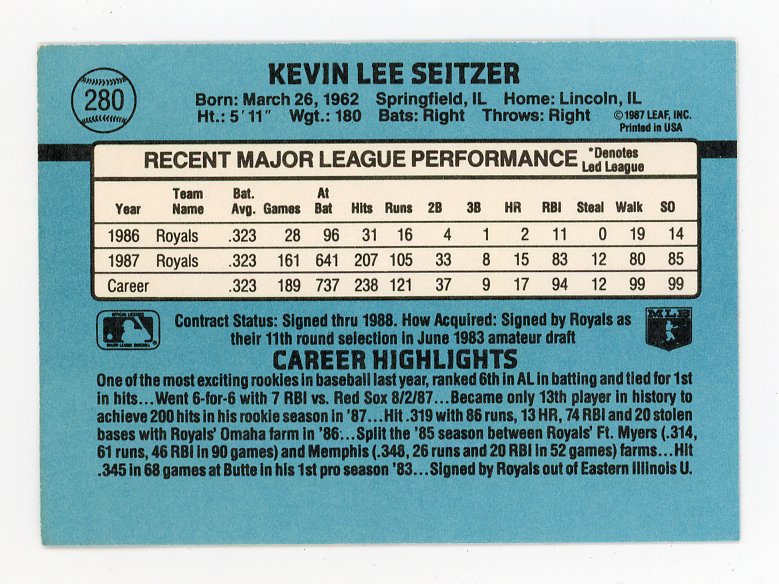 1987 Kevin Seitzer Auto Donruss Kansas City Royals # 280