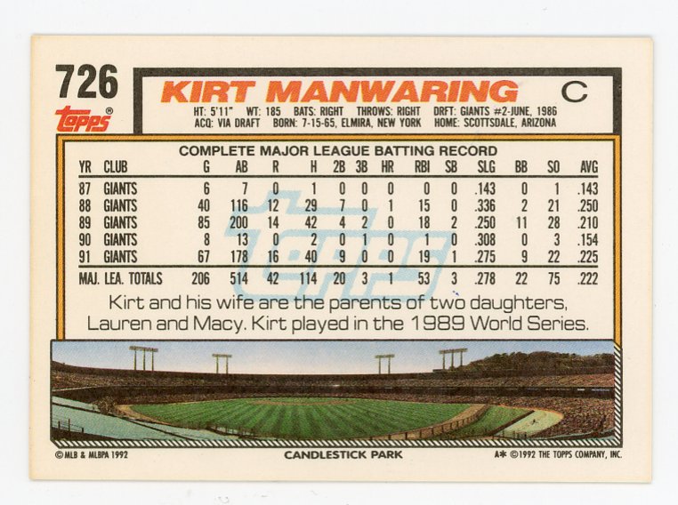 1992 Kirt Manwaring Auto Topps San Francisco Giants # 726