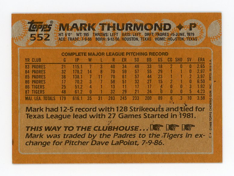 1988 Mark Thurmond Auto Topps Detroit Tigers # 552