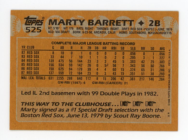 1988 Marty Barrett Auto Topps Boston Red Sox # 525