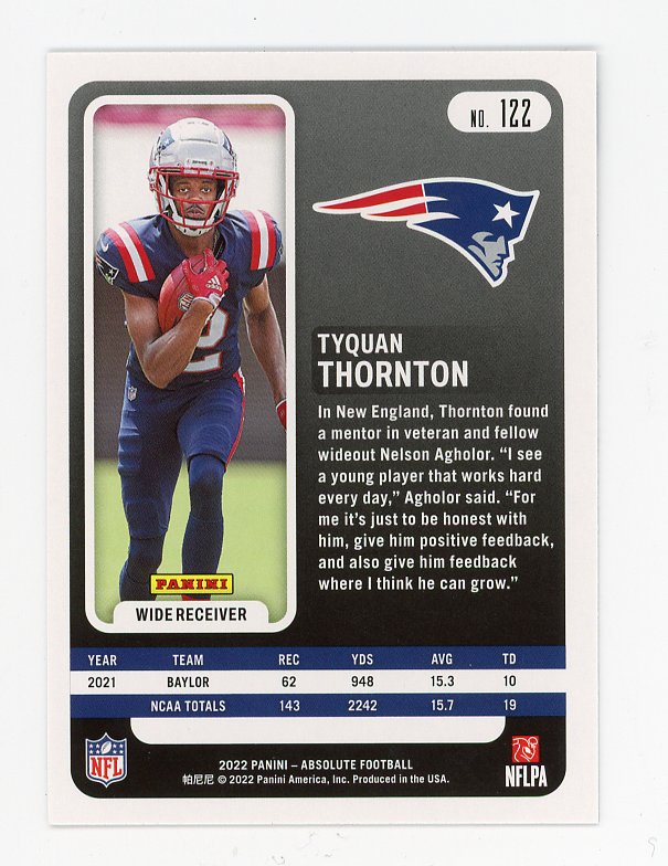 2022 Tyquan Thornton Rookie Absolute New England Patriots # 122
