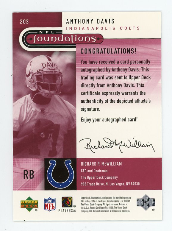 2005 Anthony Davis Rookie Foundations Auto #D /699 Upper Deck Indianapolis Colts # 203