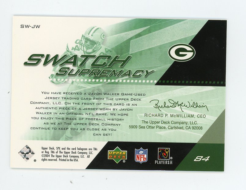 2004 Javon Walker Swatch Supremacy SPX Green Bay Packers # SW-JW