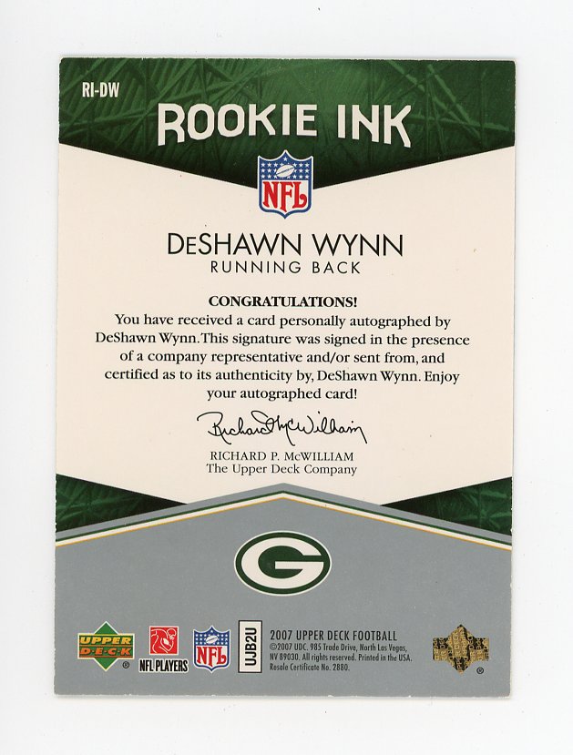 2007 Deshawn Wynn Rookie Ink Upper Deck Green Bay Packers # RI-DW