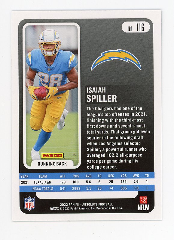 2022 Isaiah Spiller Rookie Absolute Los Angeles Chargers # 116