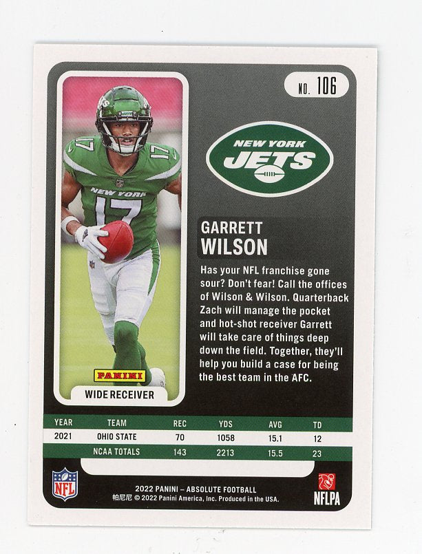 2022 Garrett Wilson Rookie Absolute New York Jets # 106