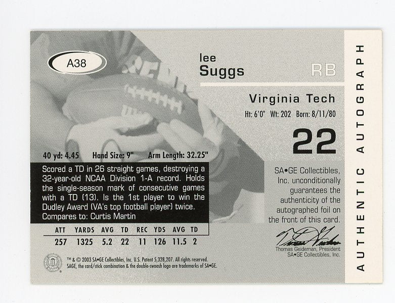 2003 Lee Suggs Authentic Autograph Sage # A38