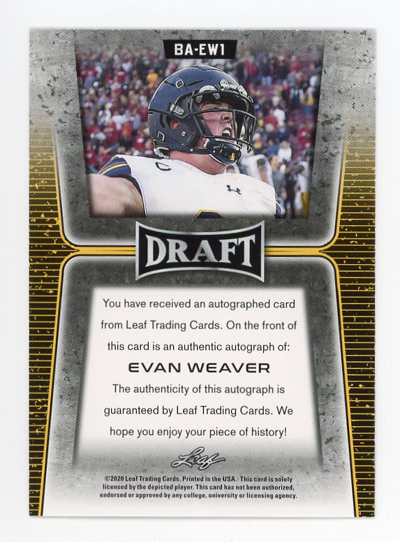 2020 Evan Weaver Rookie Auto Leaf Draft # BA-EW1