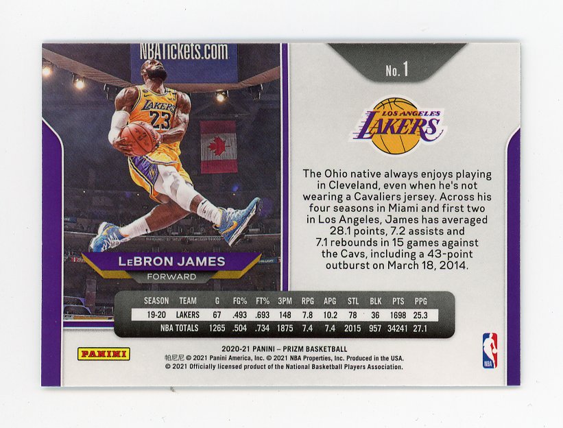 2020-2021 Lebron James Dunk Tribute Panini Los Angeles Lakers # 1