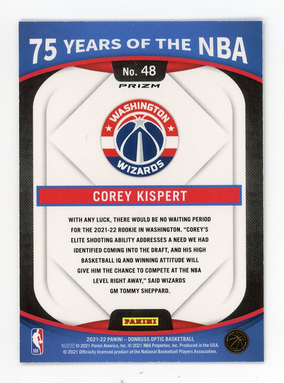 2021-2022 Corey Kispert 75 Years Of The NBA Refractor Panini Washington Wizards # 48