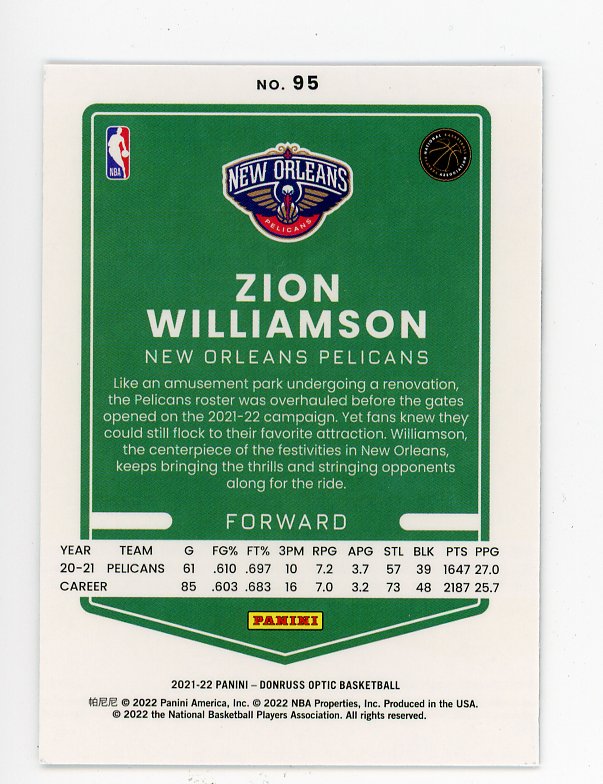 2021-2022 Zion Williamson Donruss Optic New Orleans Pelicans # 95