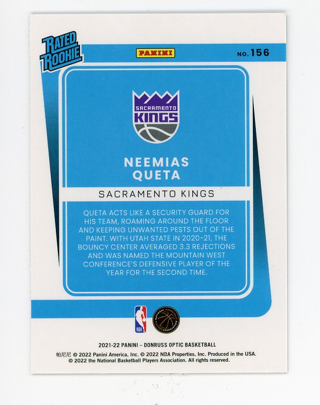 2021-2022 Neemias Queta Rated Rookie Donruss Optic Sacramento Kings # 156