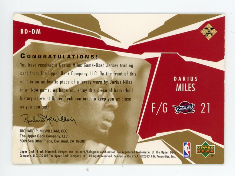 2003 Darius Miles Single Diamond Jersey #D /100 Black Diamond Cleveland Cavaliers # BD-DM