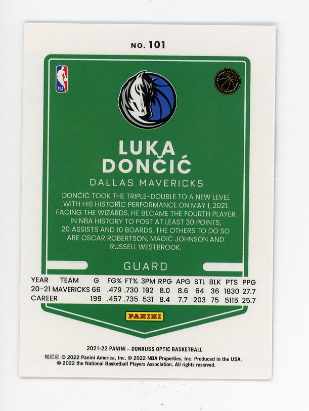 2021-2022 Luka Doncic Donruss Optic Dallas Mavericks # 101