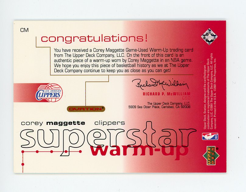 2001 Corey Maggette Superstar Warm Up Upper Deck Los Angeles Clippers # CM