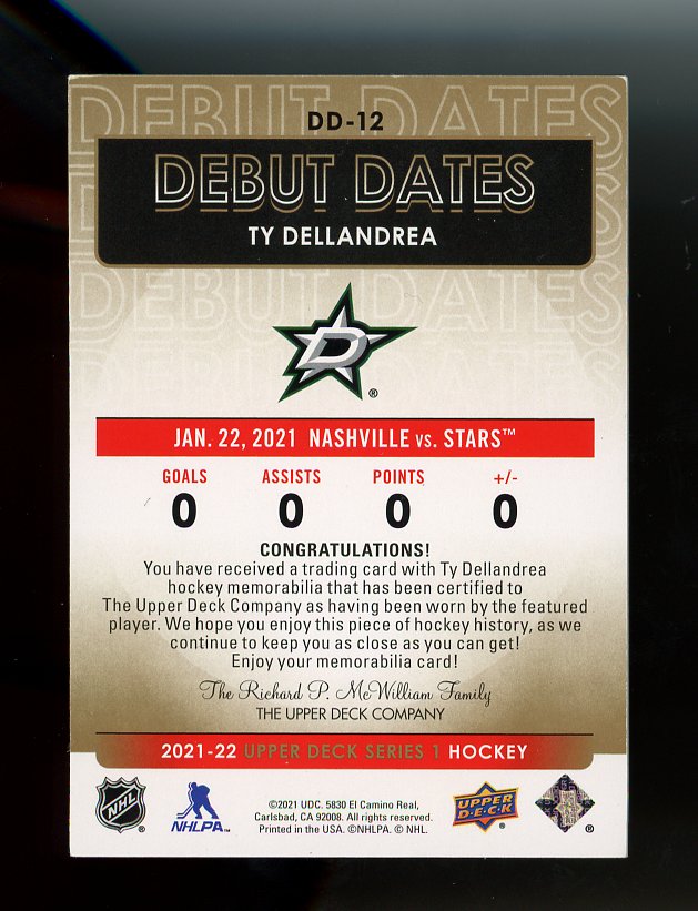 2021-2022 Ty Dellandrea Debut Dates Jersey Upper Deck Dallas Stars # DD-12