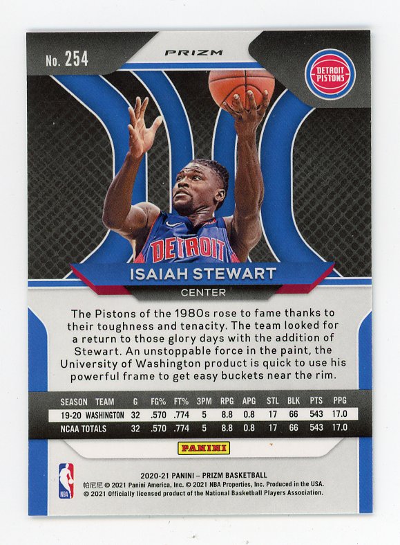 2020-2021 Isaiah Stewart Rookie Refractor Panini Detroit Pistons # 254