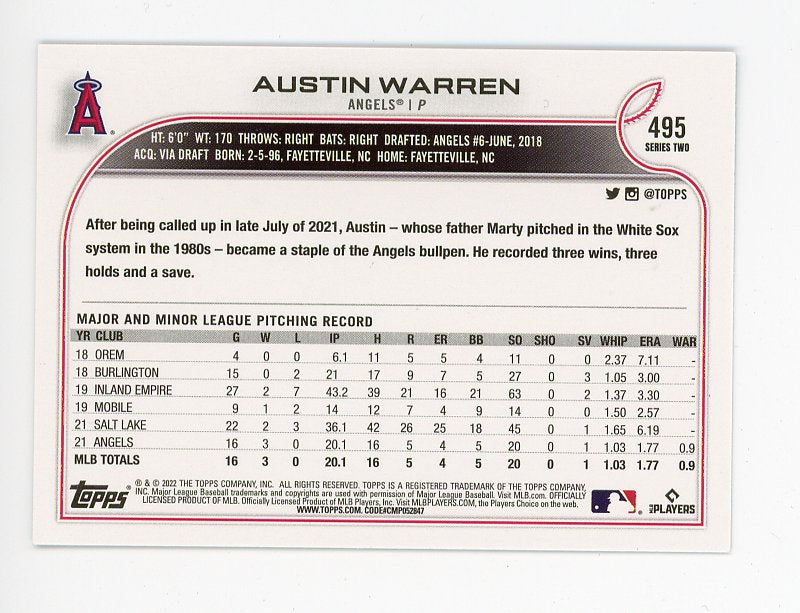 2022 Austin Warren Rookie Blue Topps Los Angeles Angels # 495
