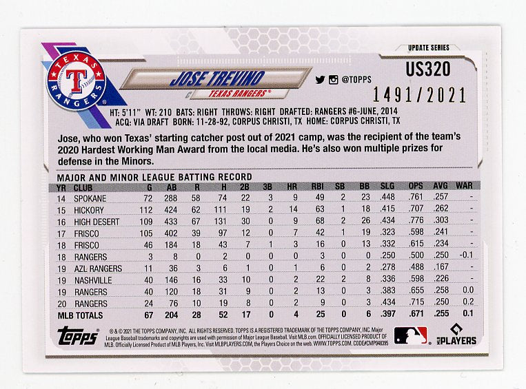 2021 Jose Trevino #D 2021 Topps 70 Texas Rangers # US320