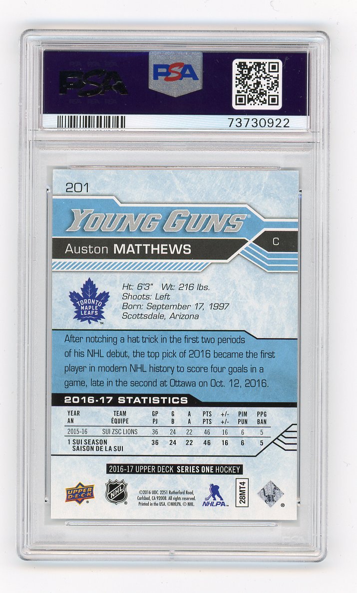 2016-2017 Auston Matthews Young Guns PSA 9 Upper Deck Toronto Maple Leafs # 201