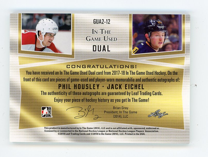2018 Jack Eichel And Phil Housley In The Game Used Dual #D /30 Leaf Buffalo Sabres # GUA2-12