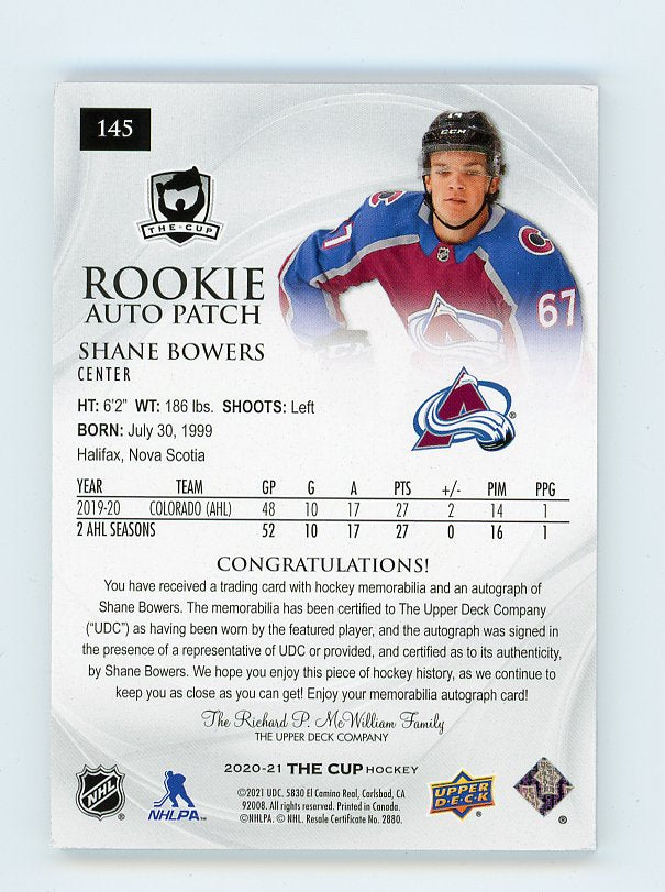 2020-2021 Shane Bowers Rookie Auto Patch #D /249 The Cup Colorado Avalanche # 145