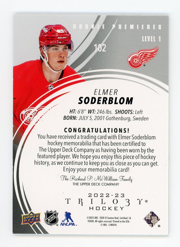 2022-2023 Elmer Soderblom Rookie Premiers #D /499 Trilogy Detroit Red Wings # 102