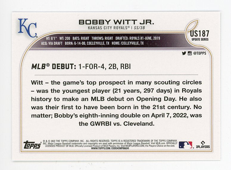 2022 Bobby Witt JR Rookie Debut Topps Kansas City Royals # US187