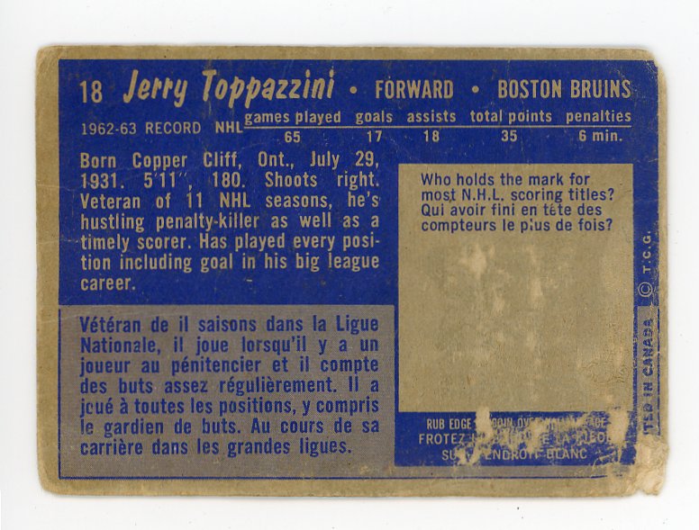 1963-1964 Jerry Toppazzini Topps Boston Bruins # 18