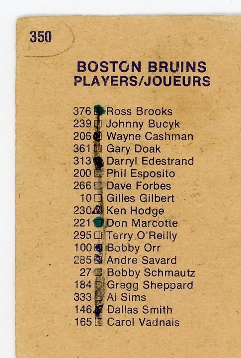 1974-1975 Boston Bruins Checklist O-Pee-Chee # 350