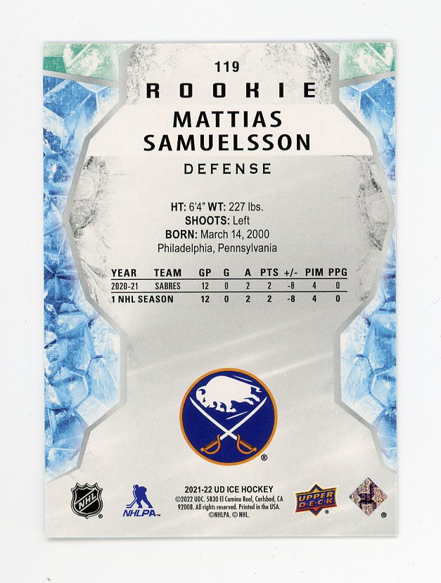2021-2022 Mattias Samuelsson Rookie Green Ice Buffalo Sabres # 119