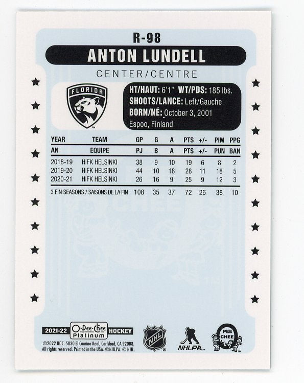 2021-2022 Anton Lundell Rookie Retro O-Pee-Chee Florida Panthers # R-98