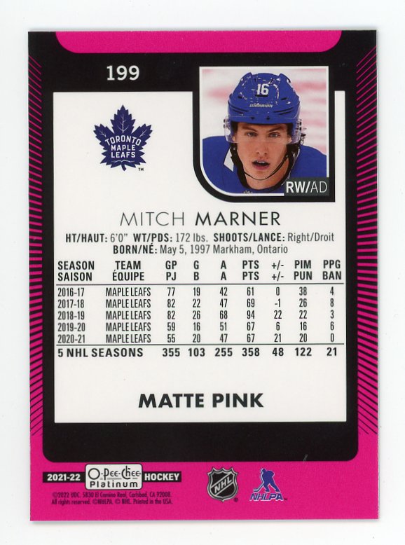 2021-2022 Mitch Marner Matte Pink O-Pee-Chee Toronto Maple Leafs # 199
