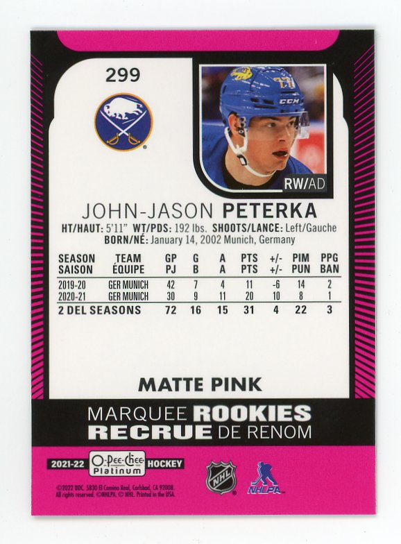 2021-2022 John-Jason Peterka Marquee Rookies Matte Pink O-Pee-Chee Buffalo Sabres # 299