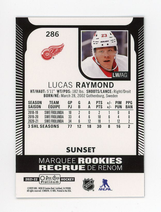 2021-2022 Lucas Raymond Marquee Rookies Sunset O-Pee-Chee Detroit Red Wings # 286