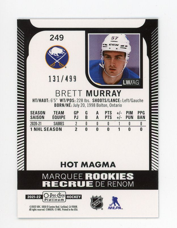 2021-2022 Brett Murray #D /499 Marquee Rookies Hot Magma O-Pee-Chee Buffalo Sabres # 249