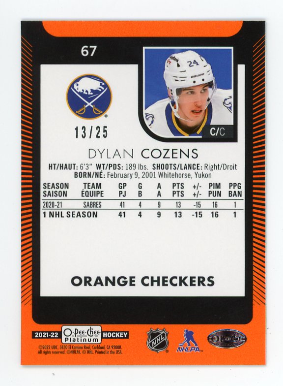 2021-2022 Dylan Cozens Orange Checkers #D /25 O-Pee-Chee Buffalo Sabres # 67