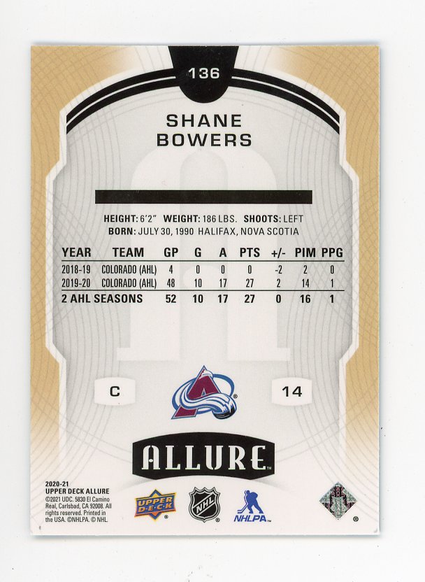2020-2021 Shane Bowers Rookie Blue Allure Colorado Avalanche # 136