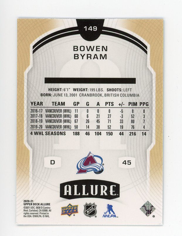 2020-2021 Bowen Byram Rookie Blue Allure Colorado Avalanche # 149