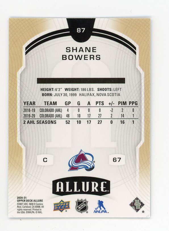 2020-2021 Shane Bowers Rookie Allure Colorado Avalanche # 87