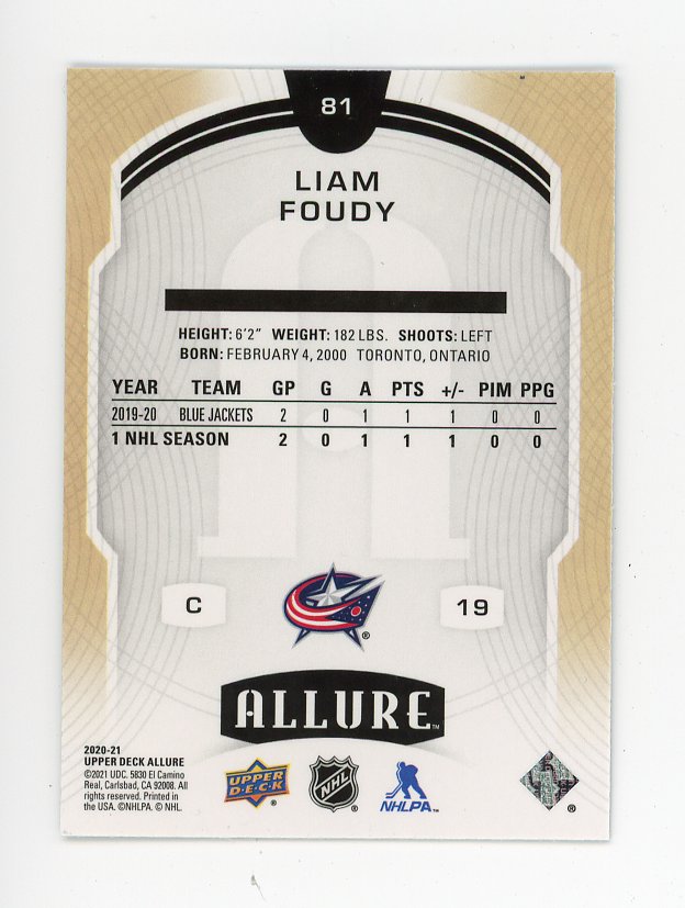 2020-2021 Liam Foudy Rookie Allure Columbus Blue Jackets # 81